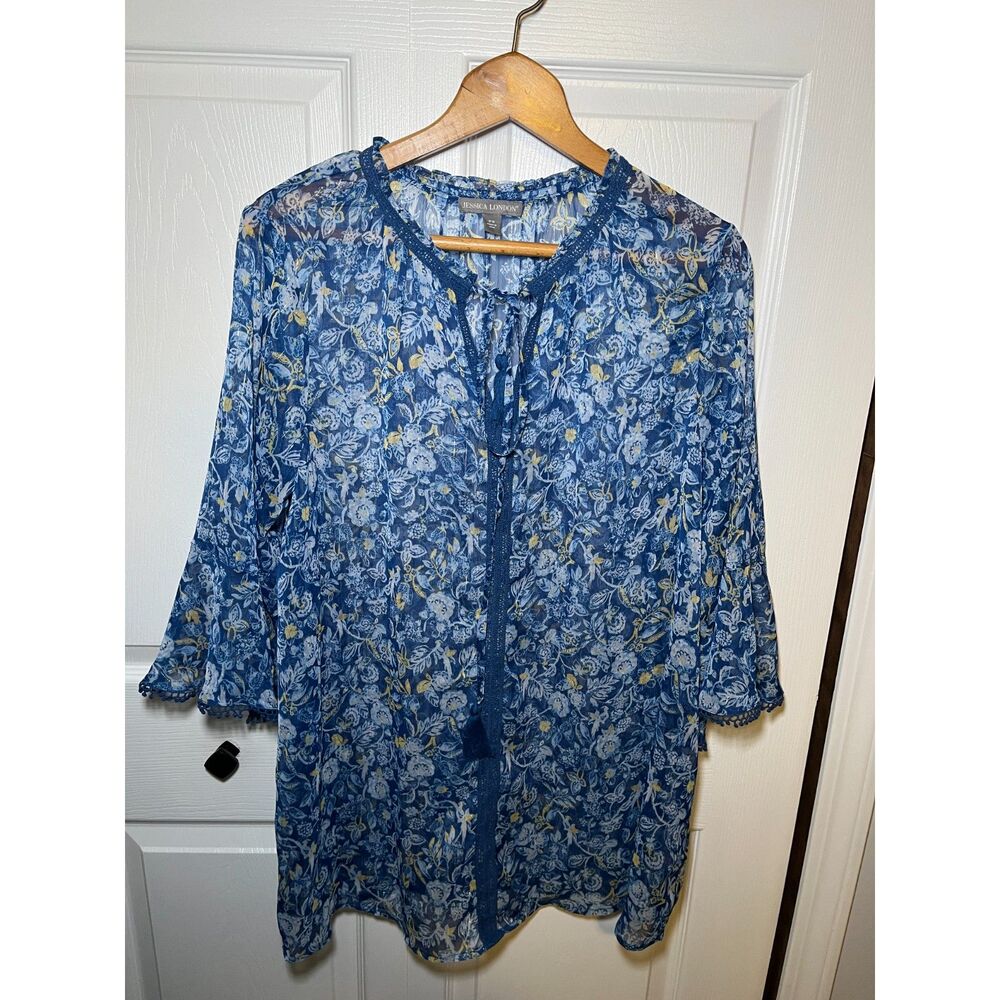Jessica London Blue Floral Peasant Blouse Womens 18W Sheer Boho Top